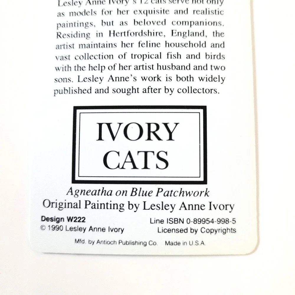 VTG 90s Lesley Ivory Cats Card Bookmark- Agneatha Kitten Quilt 1990 Antioch W222